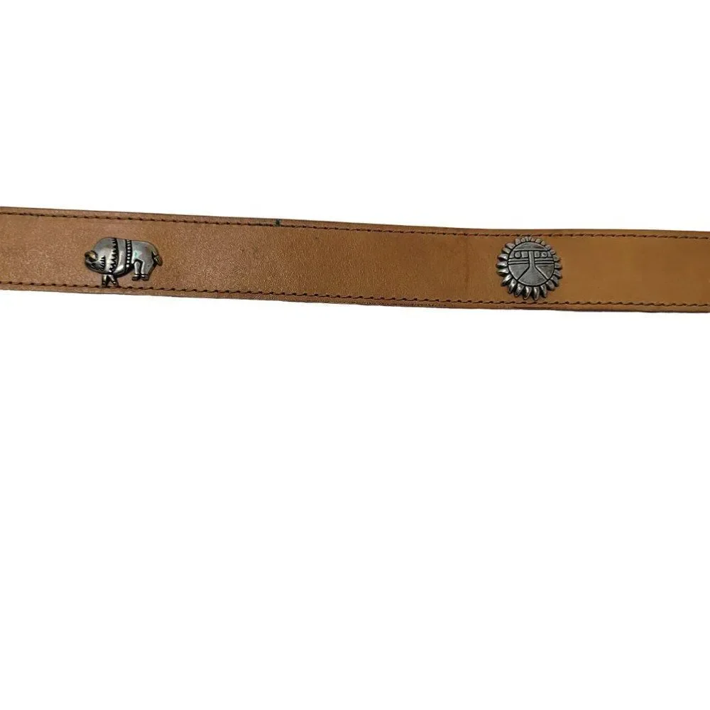 Vintage Southwestern Leather Belt Tan Silver Animal Concho M 34